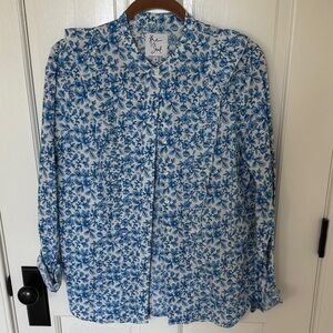 The Shirt by Rochelle Behrens M Blue Floral Ruffle Shirt